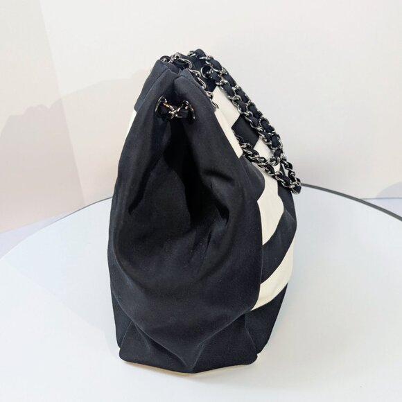 Chanel Black and White Striped Fabric Shopping Tote - Picture 8 of 16